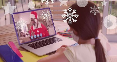 Virtual Christmas Call: Masked Girl Speaking with Santa Claus on Laptop