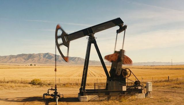 Pumpjack working in golden stubble field with rusted counterweight and mountain horizon