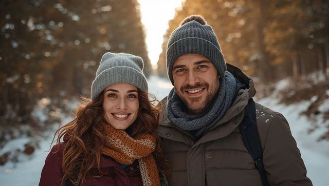 Couple Smiling on Snowy Forest Trail at Golden Hour Wearing Winter Hats and Scarves