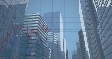 Glass skyscrapers reflecting financial charts with red and blue trend lines over skyline