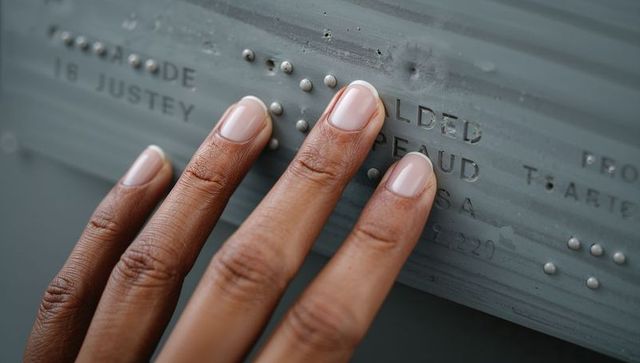 Tracing Braille on Memorial Plaque with Manicured Hand and Pale Pink Nails, Closeup Detail