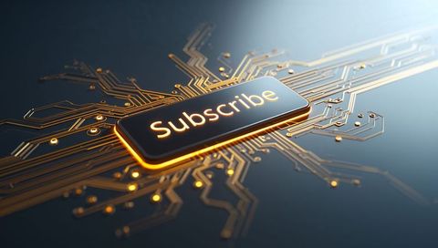 Glowing subscribe button on futuristic circuit board with gold traces and luminous bezel