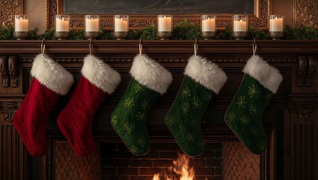 Festive christmas stockings hanging by cozy fireplace with candles