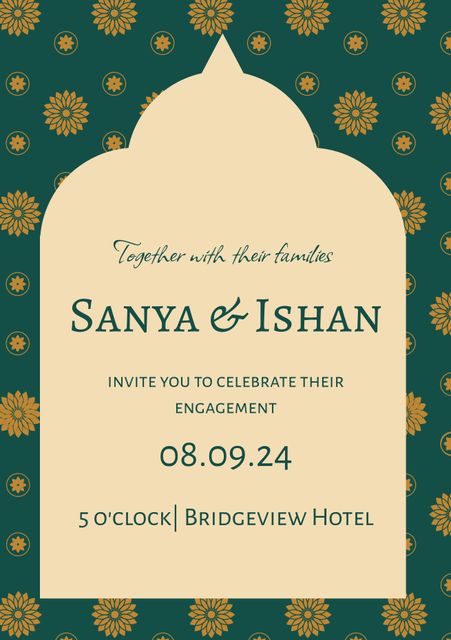 Elegant Green and Gold Engagement Invitation with Floral Details - Download Free Stock Templates Pikwizard.com