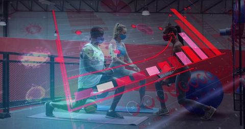 Masked group performing lunges in gym with digital fitness data overlay for training