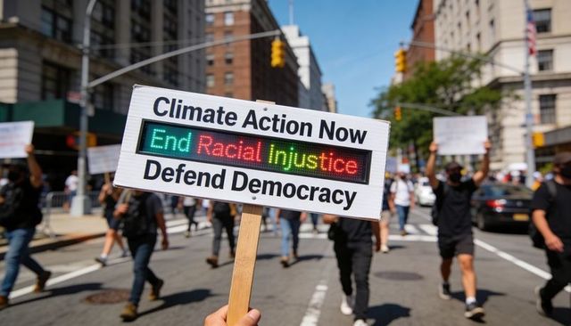 Climate action now led sign calling to end racial injustice and defend democracy