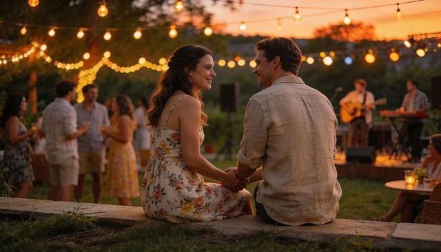 Romantic couple holding hands at backyard sunset party with string lights and live music