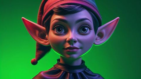 Whimsical elf character in festive hat against green backdrop