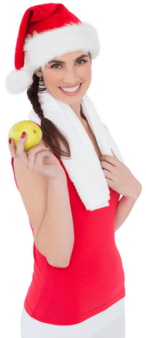 festive fit brunette holding apple with santa hat, transparent background - Download Free Stock Videos Pikwizard.com