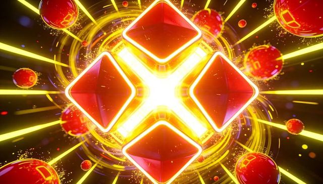 Pulsing glossy red diamonds circling glowing white-yellow energy core