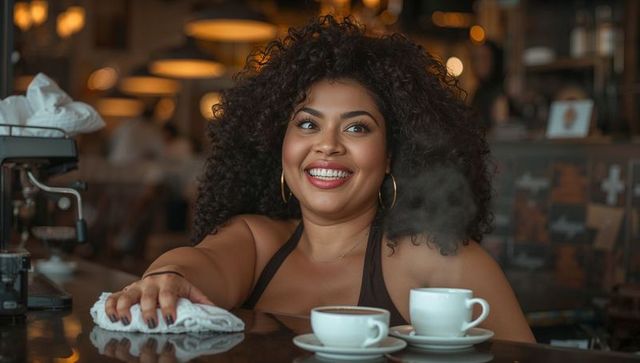 Smiling curly-haired barista wiping counter with steaming cups in cozy coffee shop
