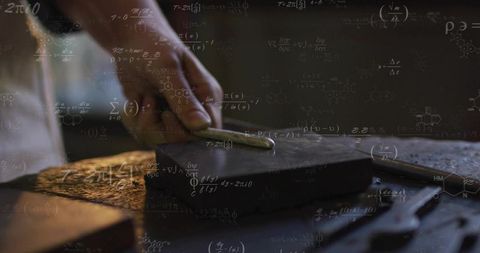 Jeweler honing rod on bench stone with precision tools and mathematical formula overlay