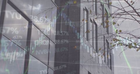 Financial data and graphs superimposed on urban buildings