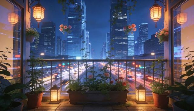 Cozy urban balcony garden overlooking neon cityscape at night with lanterns glowing