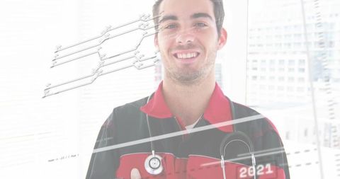 Smiling medic giving thumbs-up with stethoscope and data overlay in urban clinic window