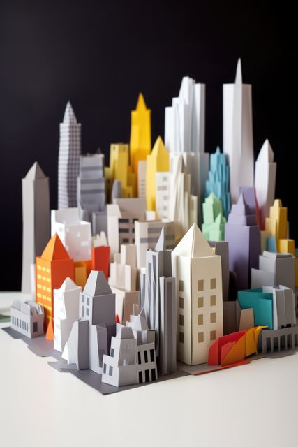 Origami cityscape on black background, created using generative ai technology. Cityscape, origami art and architecture concept digitally generated image.