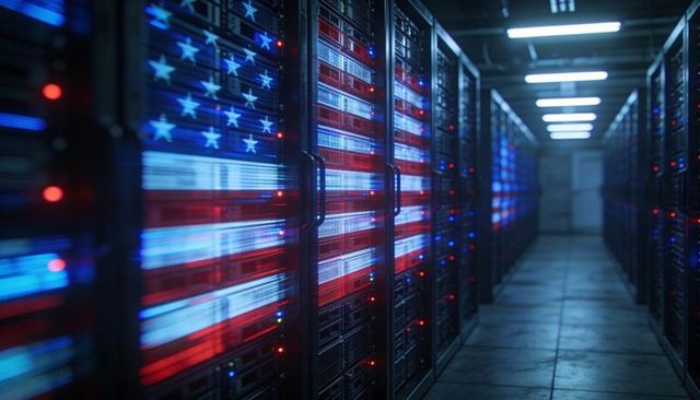 American flag led server racks lighting futuristic data center corridor for cybersecurity