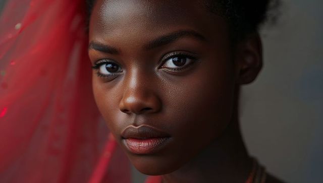 Studio close-up portrait woman wearing red veil showcasing luminous skin and intense gaze