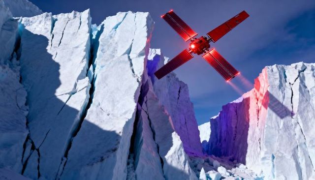 Hovering survey drone scanning polar crevasse with red laser over arctic glacier