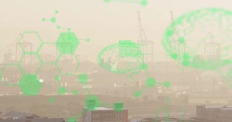 Futuristic digital technology interface over industrial harbor