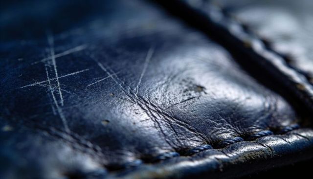 Macro close-up showing stitched navy leather panel with scratches, creases and worn patina