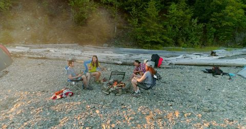 Group of Friends Enjoying Campfire by Forest