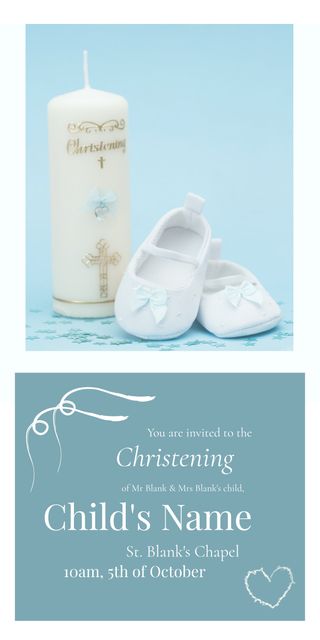 Christening Invitation with Candle and Baby Shoes on Blue Background - Download Free Stock Templates Pikwizard.com