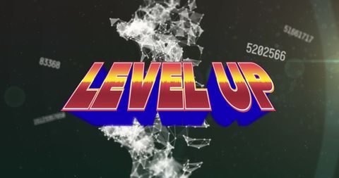 Retro level up text with digital data elements