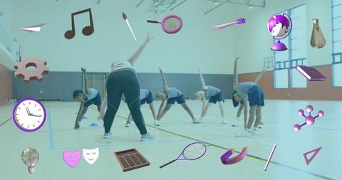 Leading coach guiding students through side reach stretches in school gym class