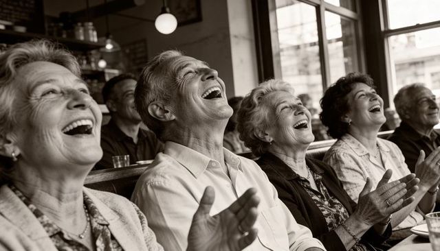 Joyful senior friends laughing and clapping together in cozy cafe booth, vintage sepia