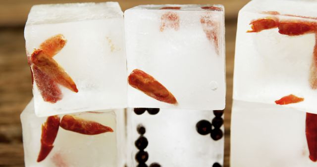 Close-up view of ice cubes containing red chili peppers and black peppercorns, offering a visually appealing combination of freshness and spice. Useful for illustrating innovative culinary techniques, gourmet food preparation, or seasoning concepts.
