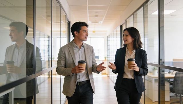 Walking and conversing asian business colleagues in modern glass office corridor