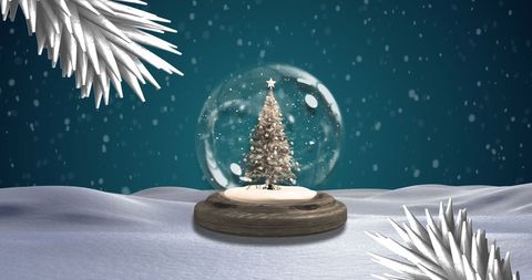 Enchanted scene capturing the sense of winter wonderment with a central Christmas tree in a snow globe. Twinkling snowflakes gently falling against deep blue background and white fir tree branches create a festive feeling. Ideal for holiday greeting cards, seasonal digital content, and Christmas decorations.