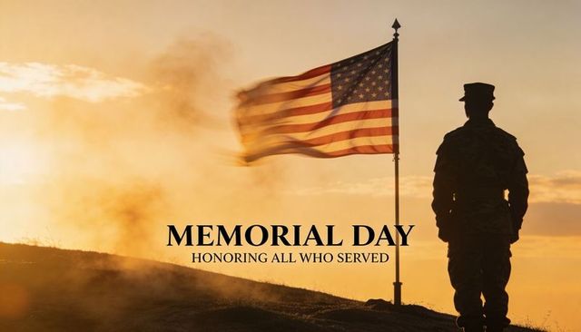 Memorial day soldier silhouette honoring fallen heroes at sunset with american flag