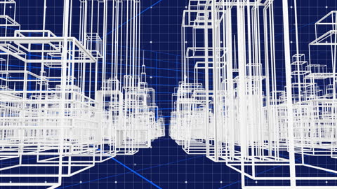 Futuristic 3D Skyscraper Blueprints on Digital Grid Background