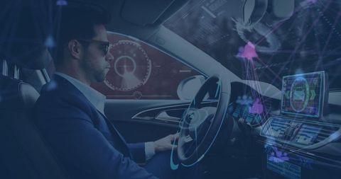Man in Business Suit Using Self-Driving Car with Digital Interface