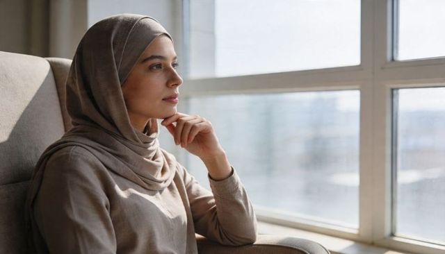 Contemplative woman wearing hijab gazing out sunlit window in minimalist home interior