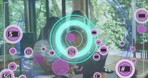 Futuristic 5G Technology Overlay in Modern Workspace