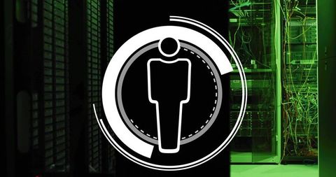 Futuristic hud human icon hovering over green server rack for cybersecurity concept