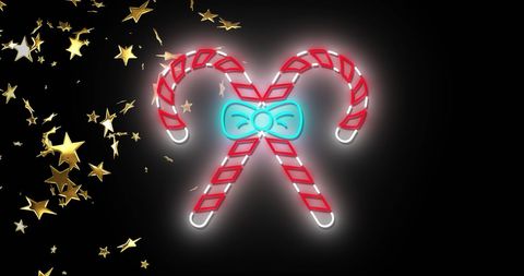 Festive Neon Candy Canes with Golden Stars on Black Background