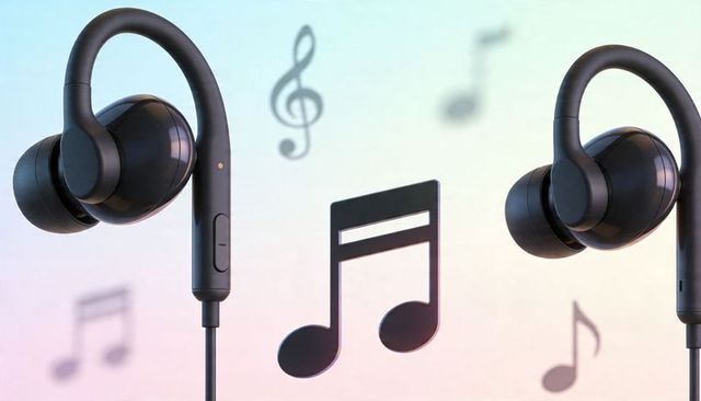 Black ear-hook earbuds with inline remote presenting musical notes on pastel gradient