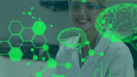 Smiling Female Scientist Analyzing Digital Biology Data in Laboratory