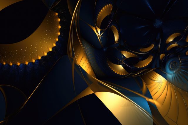 Abstract pattern in gold and blue background, created using generative ai technology. Colour, shape, pattern concept digitally generated image.