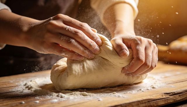 Kneading and Folding Dough on Floured Wooden Board, Hands Working in Warm Backlight