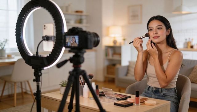 Young woman recording beauty tutorial at home with ring light, DSLR camera and makeup