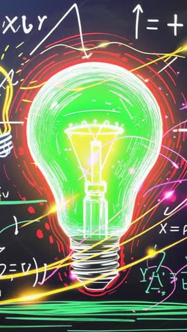 Neon Green Lightbulb Pulsing on Chalkboard with Animated Energy Trails - Vertical Clip