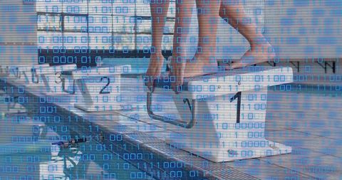 Female swimmer gripping starting block with binary code overlay, competitive dive moment