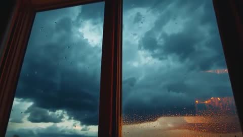 Moody Window View with Storm Clouds Rolling and Raindrops Falling