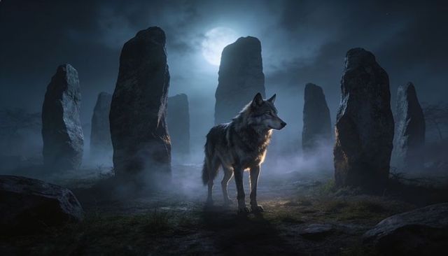 Lone wolf standing in moonlit stone circle with misty megaliths