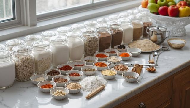Displaying organized glass jars and spice bowls on marble countertop in sunlit kitchen